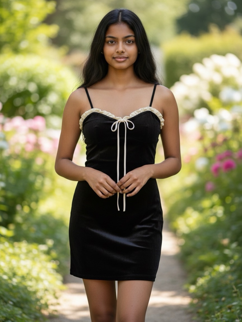 HYFVE Black Velvet Mini Dress with Cream Ruffle and Tie